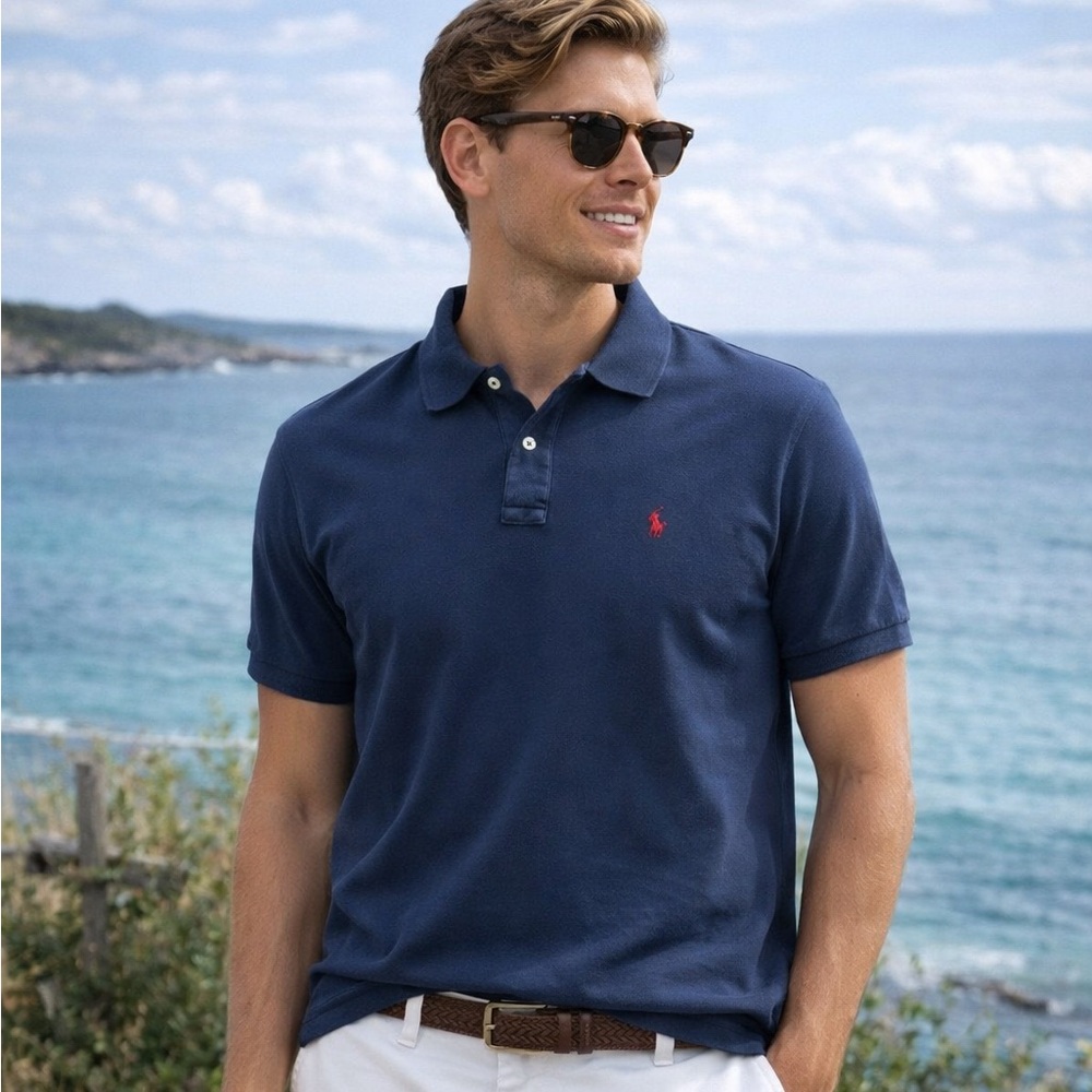 Polo Ralph Lauren Polo Shirt Mens 2XB Navy Blue Red Logo Short Sleeve Cotton